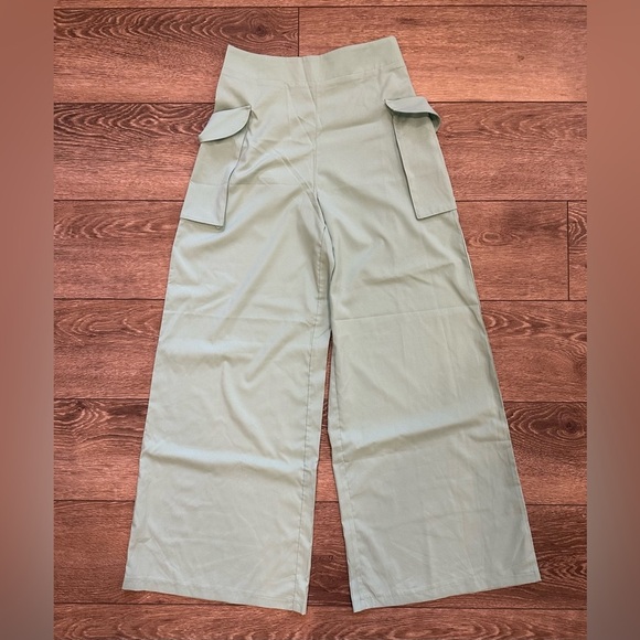 Faeriesty Green Wide Leg Pants Large Pockets Carpenter Style zipper SZ M - Picture 4 of 7